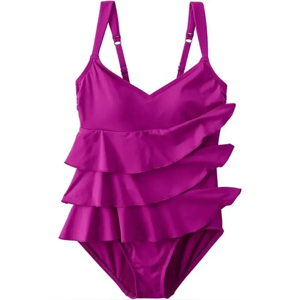 Land's End plus One Piece smooth Control Fauxkini One Piece Swim Crimson Rose 14